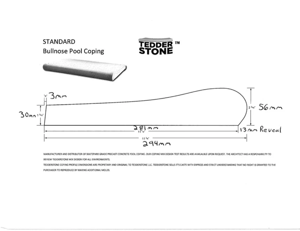 The coping spec — bullnose pool coping, thanks Phil at Tedder Stone!