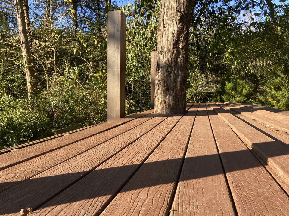 Decking worked around the living cedar tree.