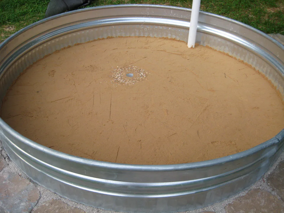 A sand layer above the reservoir. Sand pulls moisture upward more evenly than soil alone; the gravel collar around the riser is a wicking well.