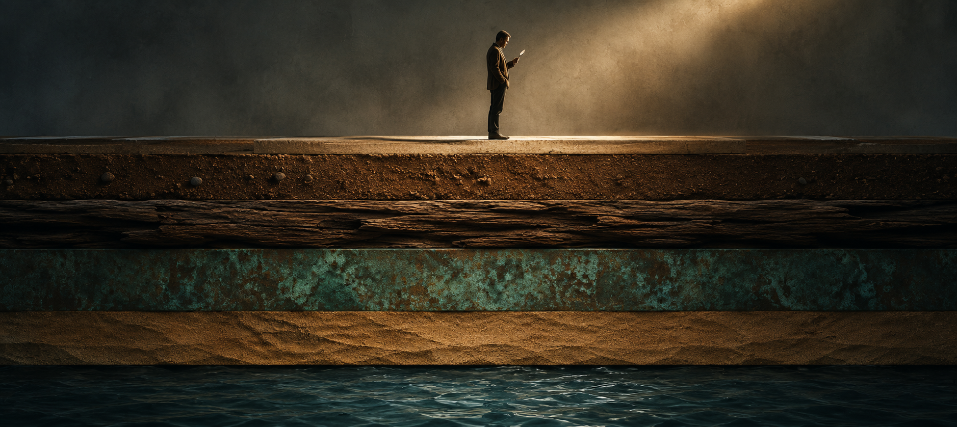 A figure stands on a stratified plinth — concrete, dirt, weathered wood, copper patina, sand — above dark water.