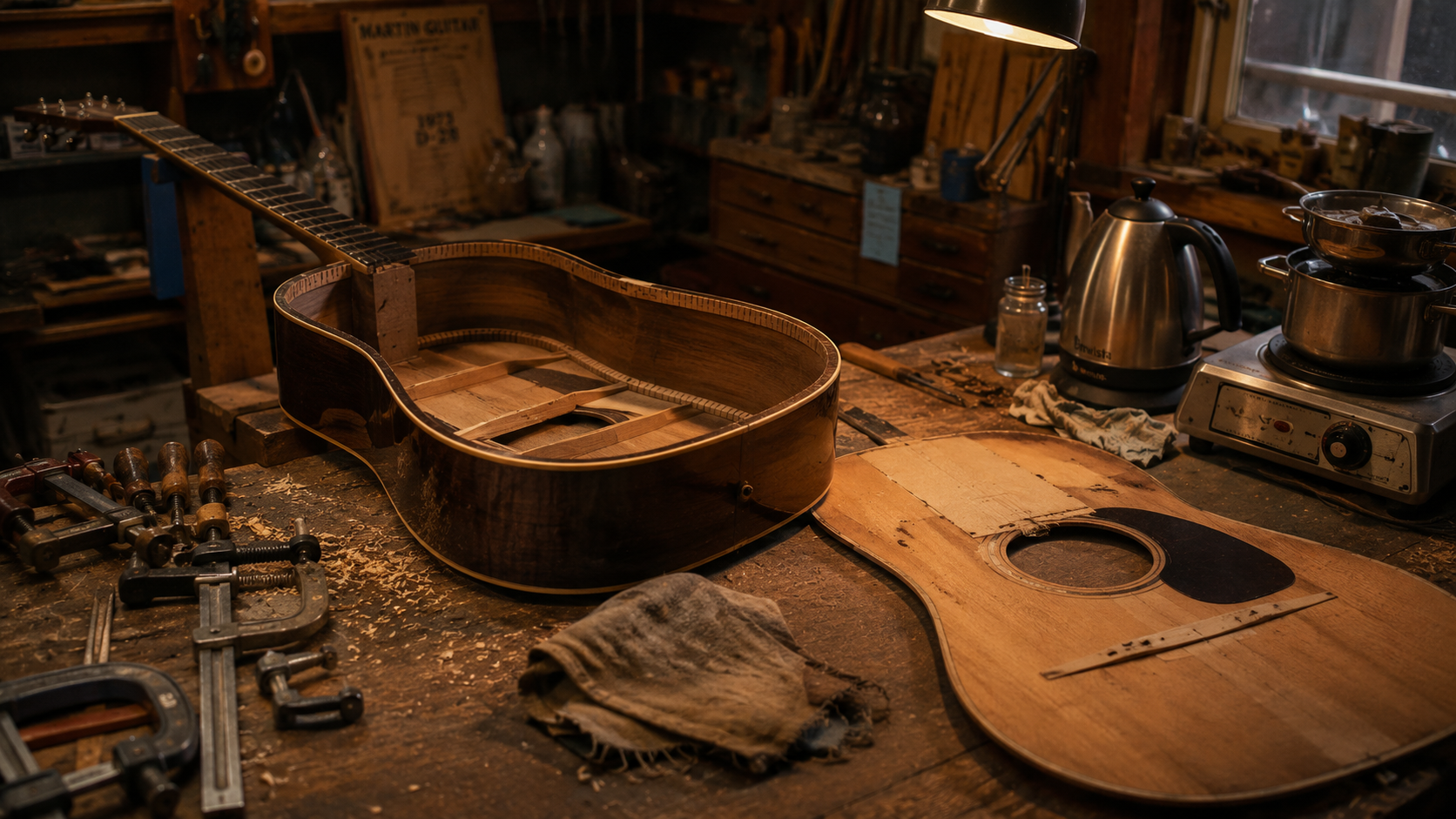 A luthier’s workbench: a vintage Martin acoustic guitar with its top removed, hide glue heating in a double boiler, a kettle on a hot plate, clamps and wood shavings.