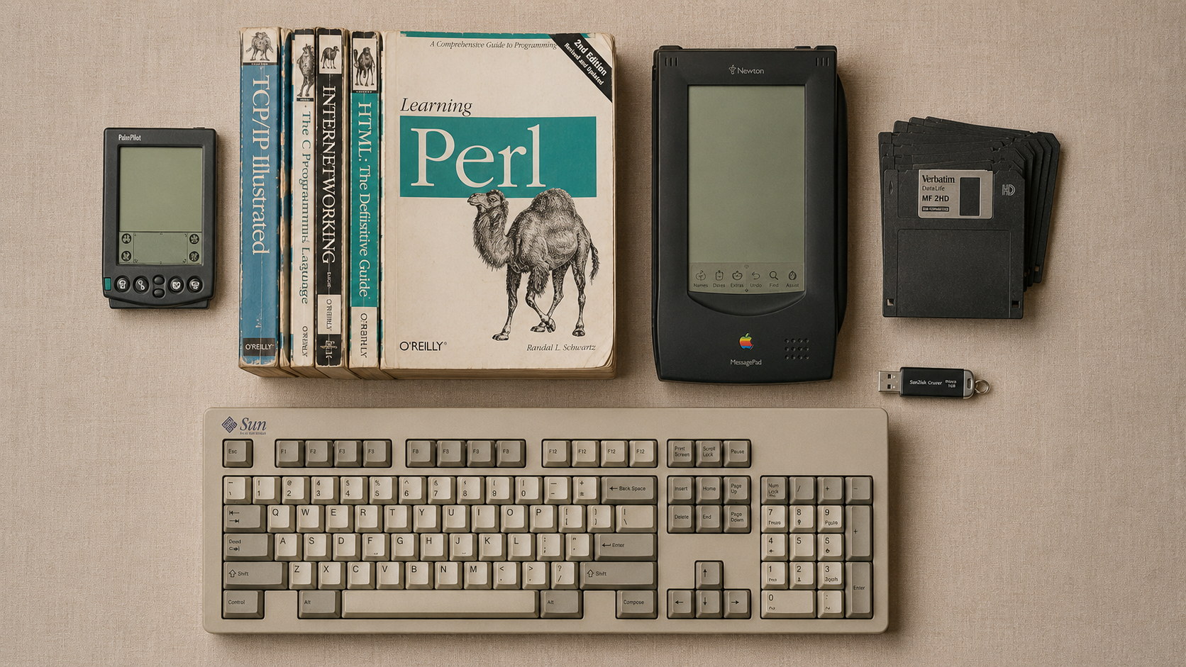 A still life of obsolete-but-once-cutting-edge tech: PalmPilot, dog-eared O’Reilly programming books, Apple Newton MessagePad, floppy disks, a SanDisk thumb drive, a Sun keyboard.