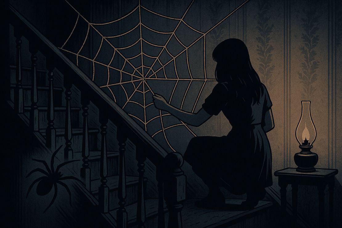 Night in an old country house: a girl in a dark dress, seen from behind, crouched on the staircase stringing a spider web of rope between the banisters, an oil lamp on a small table on the landing and a black spider on the stairs.
