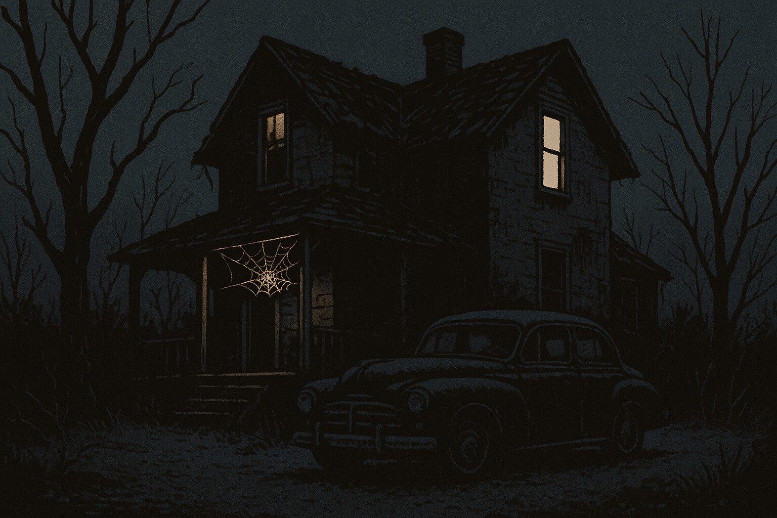 A crumbling country house at night, one upstairs window lit, a spider web across the porch light, an old black car in the drive.
