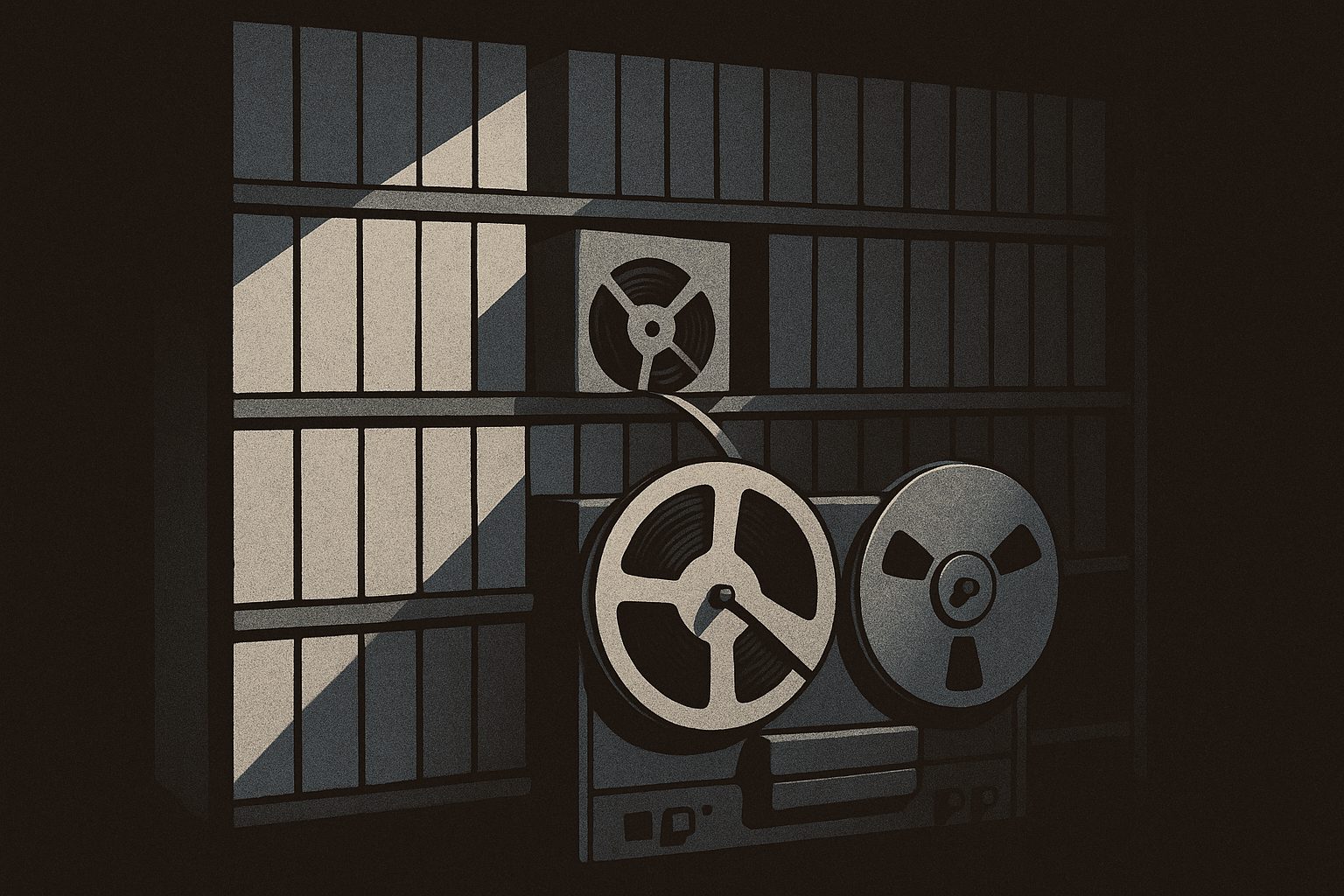 A studio wall rack of identical boxed reel-to-reel tapes, most still in unopened boxes, one reel pulled down and threaded onto a tape machine in the foreground.