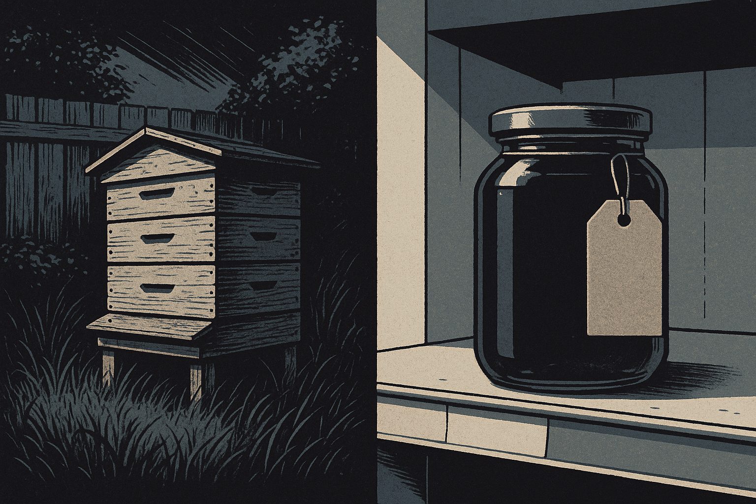 A lone tended beehive in a back-corner yard beside a single jar of honey on a store shelf with a blank price tag.