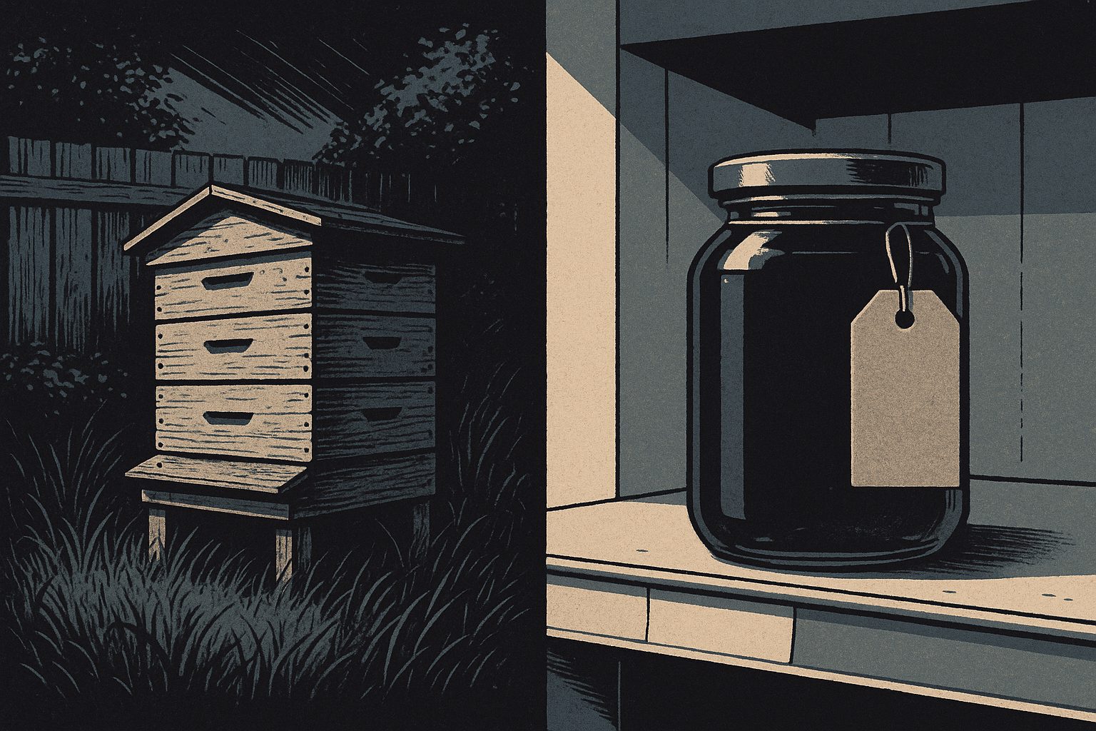 A lone tended beehive in a back-corner yard beside a single jar of honey on a store shelf with a blank price tag.