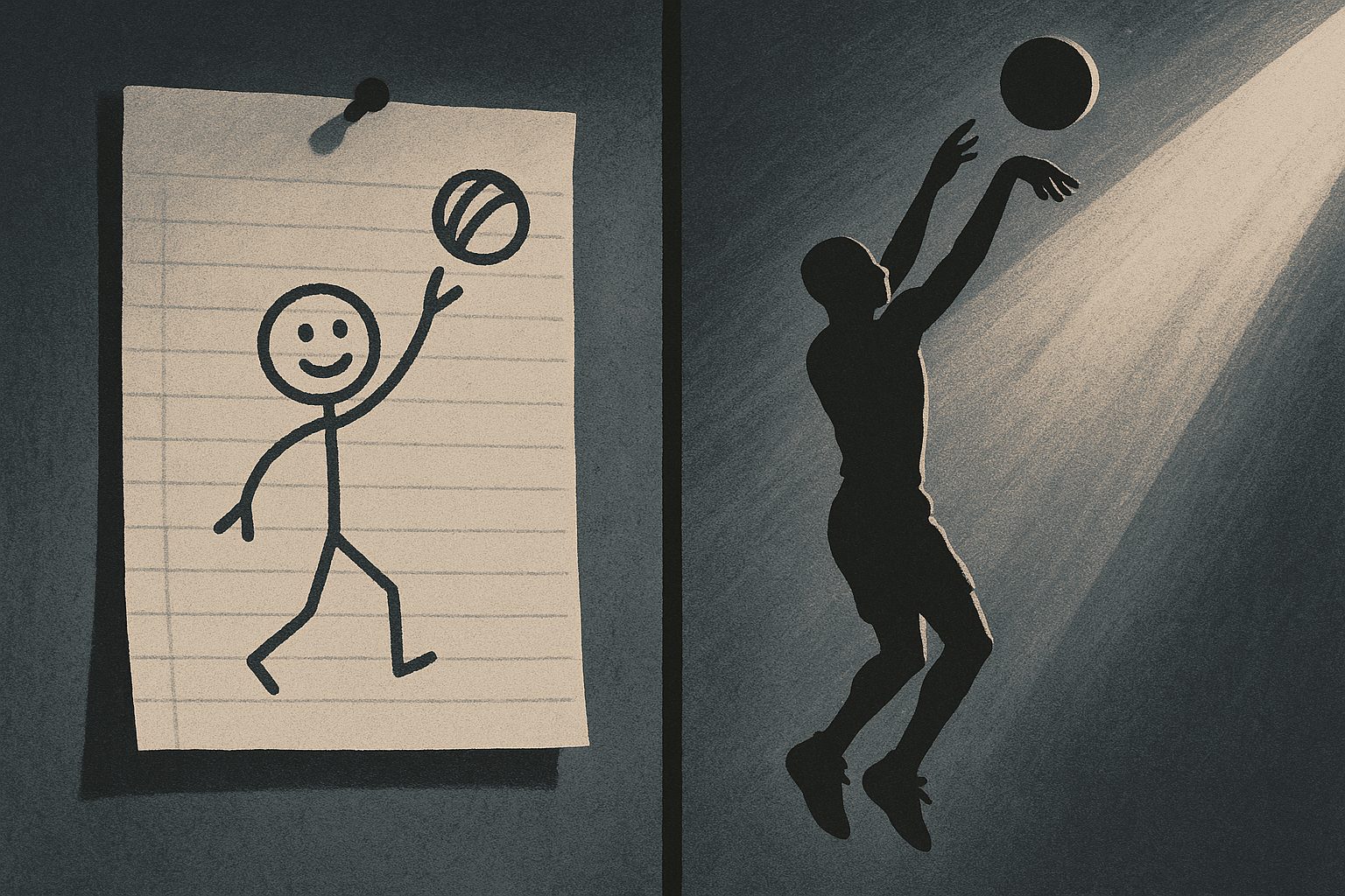 A split view: a crude stick-figure drawing of a jump shot pinned to a wall, beside a silhouetted player mid-air with perfect form.