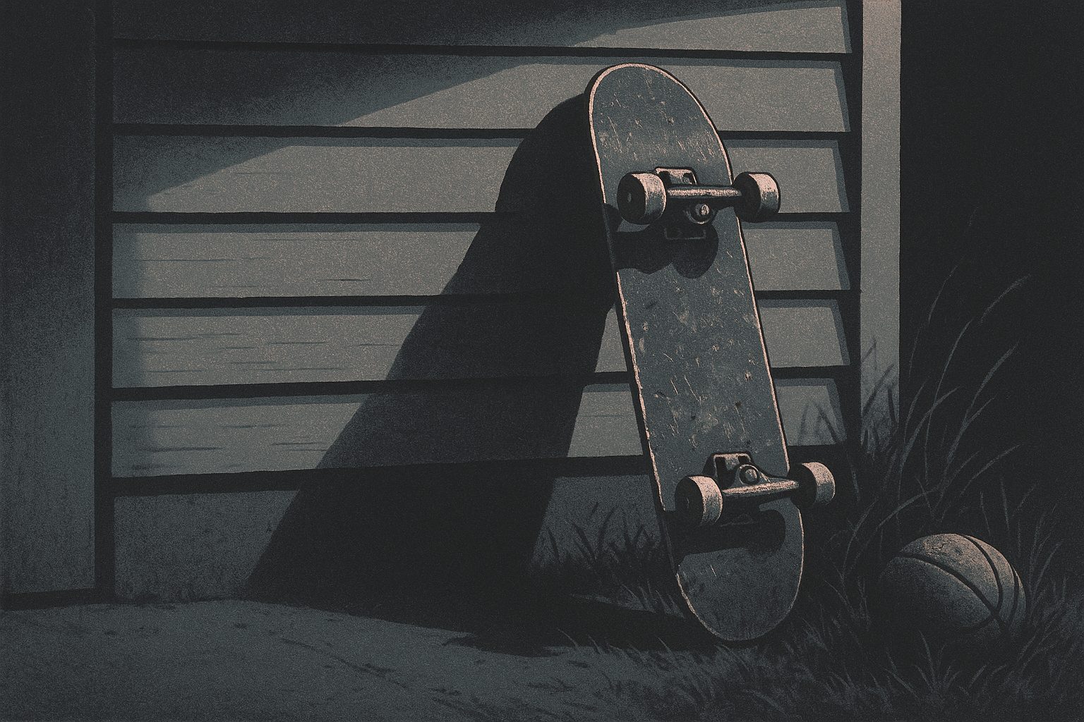 A worn skateboard leaning against a garage wall in warm light; a basketball left behind in the shadowed grass.