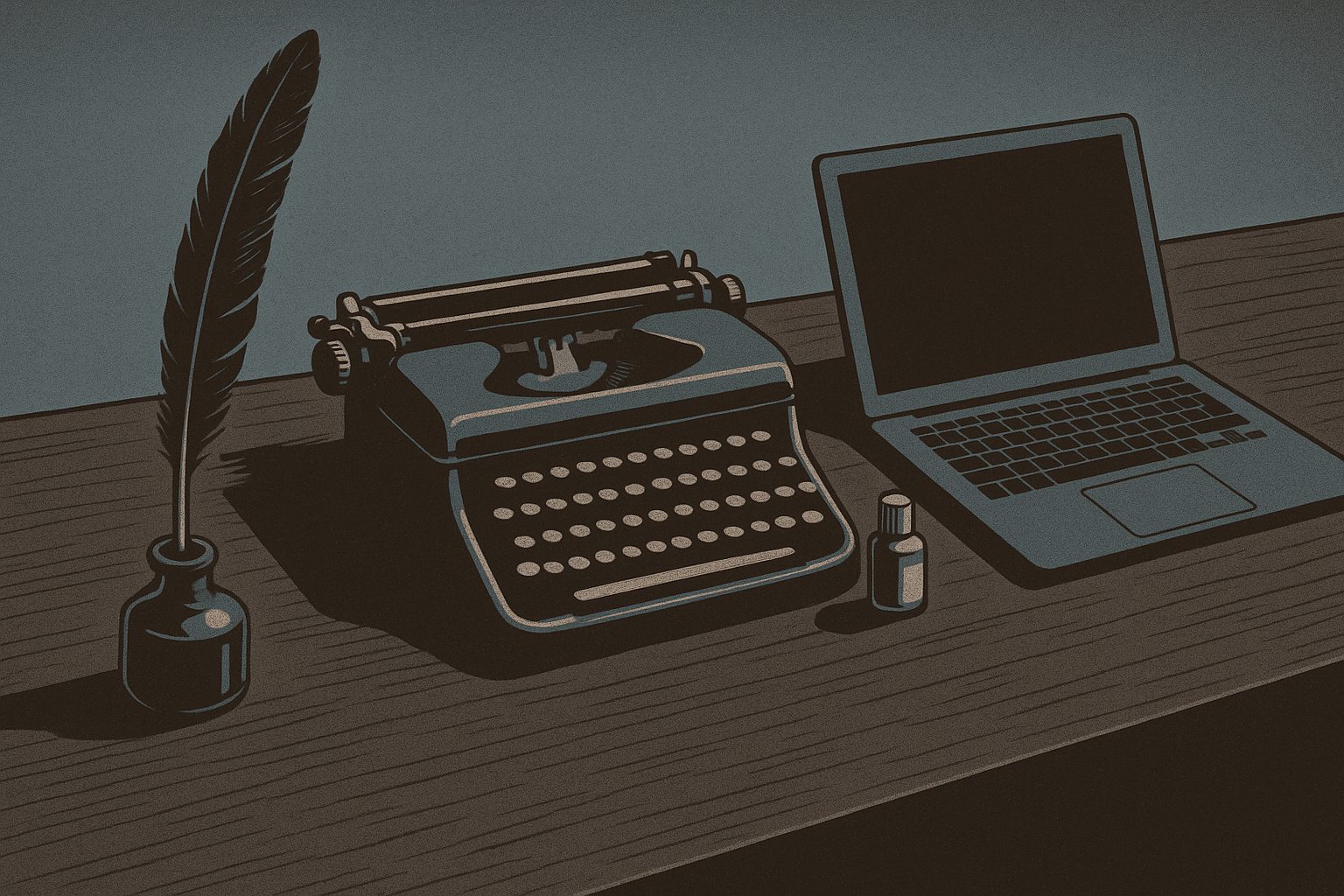 A feather quill standing in an ink pot, a manual typewriter with a small bottle of white-out beside it, and an open laptop, in a row on one long desk.