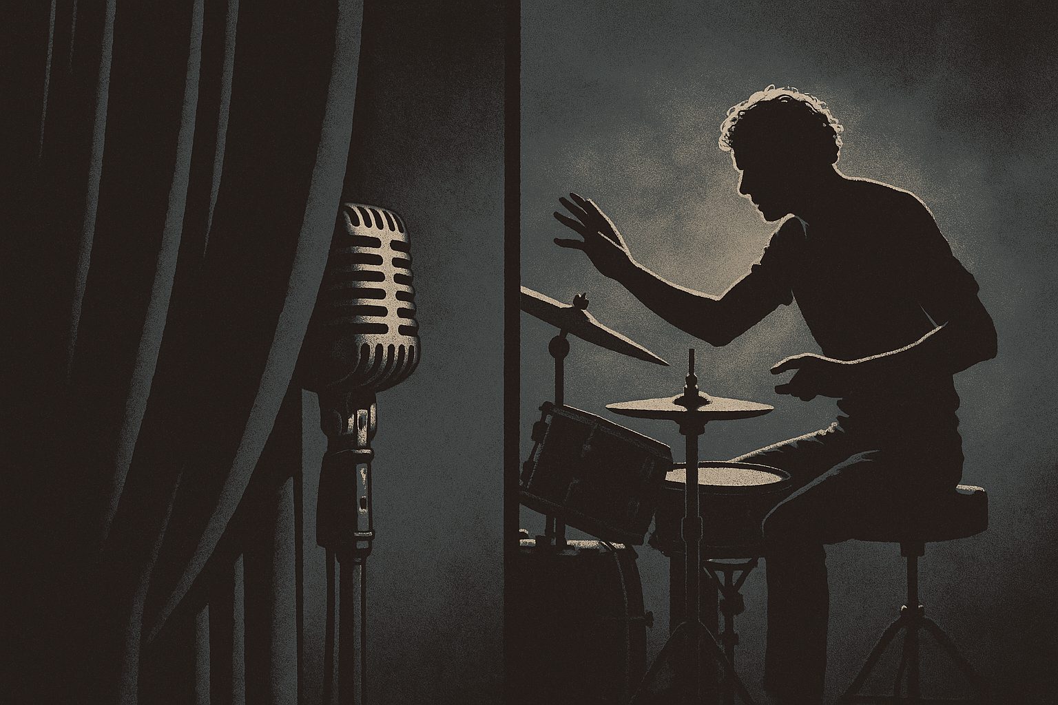 Two icons side by side: a hidden microphone, and a drummer miming with no drumsticks.