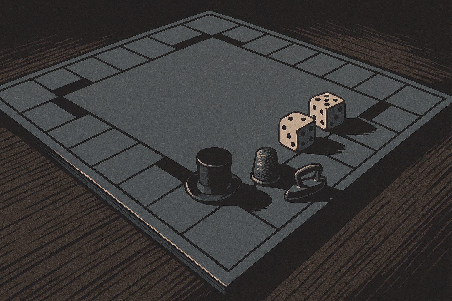 A vintage square board game with blank, unlabeled spaces and classic metal tokens.