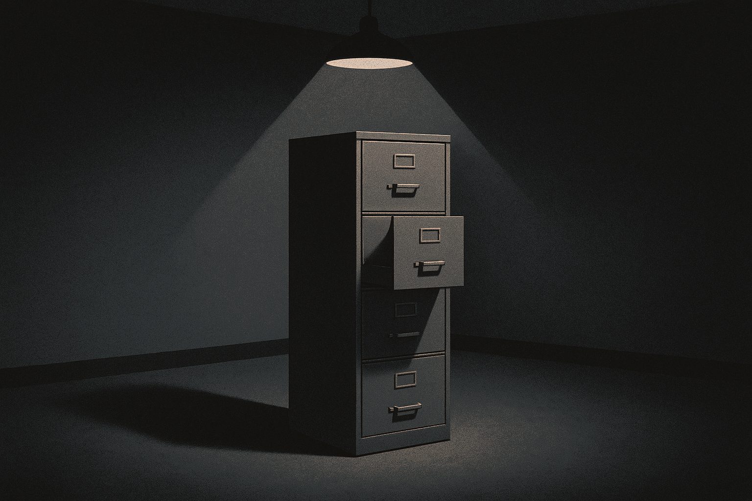 A single grey four-drawer steel filing cabinet alone in an empty office room, one drawer slightly open, under one bare overhead light.