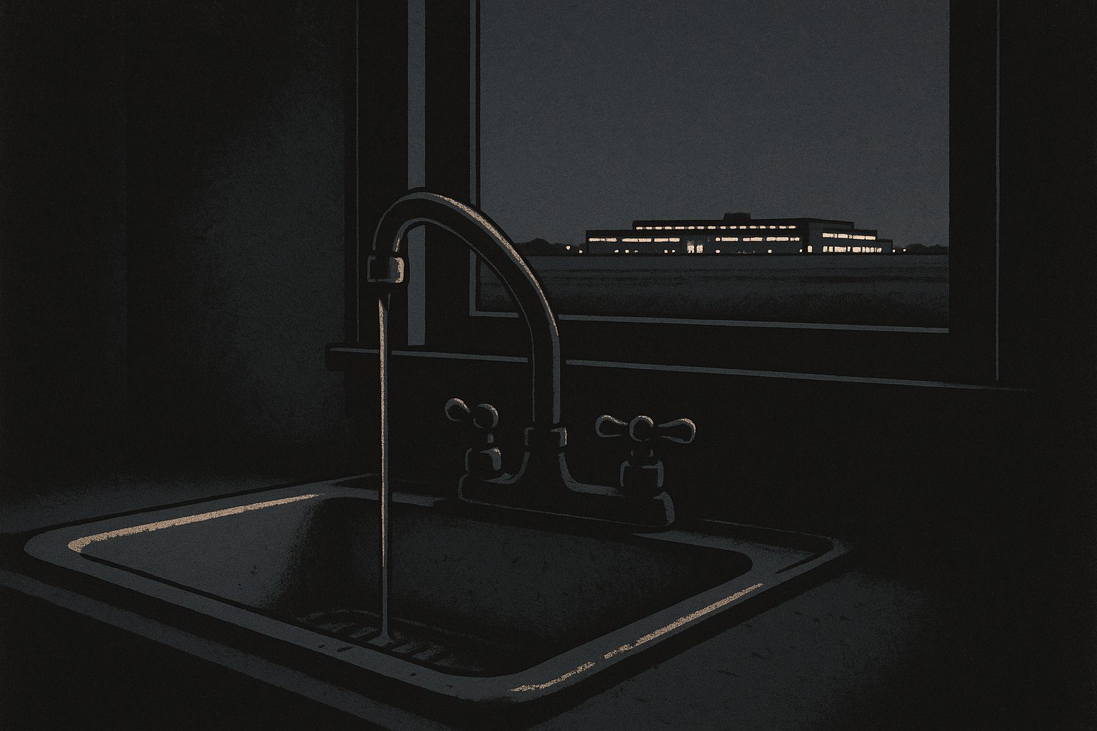 A dark rural kitchen sink running a thin discolored stream, and through the window above it, far across flat farmland, a vast data center lit up on the horizon.