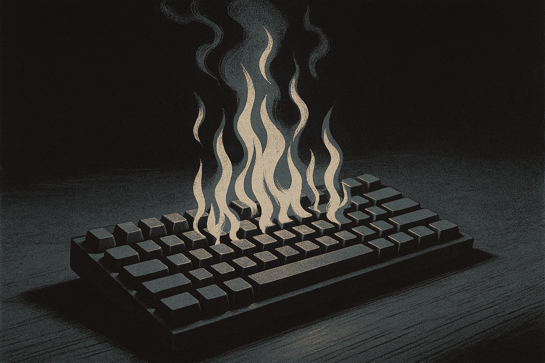 A computer keyboard on a dark desk with pale flames rising up out of its keys.