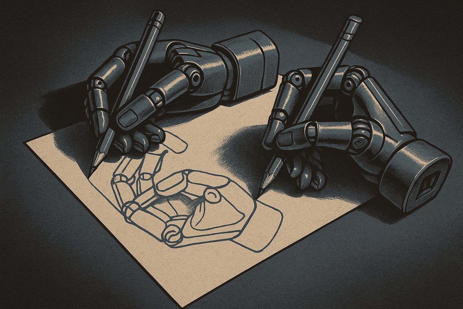 Two robotic hands, each drawing the other into existence with a pencil, after Escher&rsquo;s Drawing Hands.