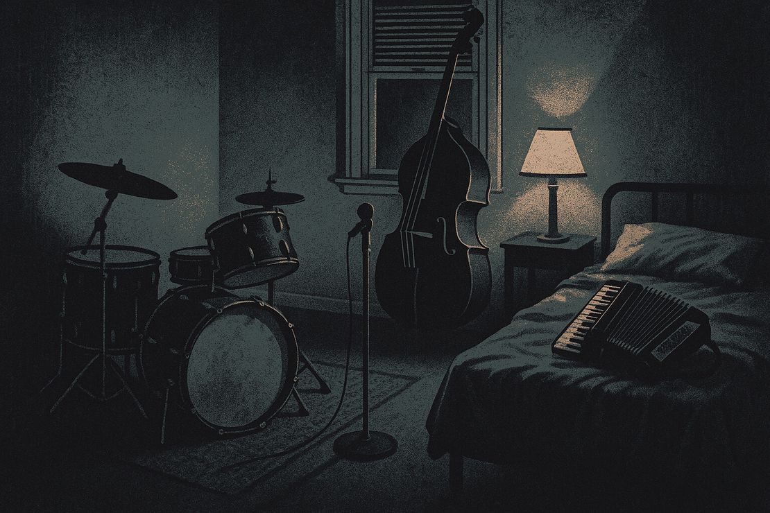 A bedroom turned into a studio: a battered drum kit, an upright bass leaning in the corner, an accordion on the bed, one microphone on a stand in the middle of the carpet.