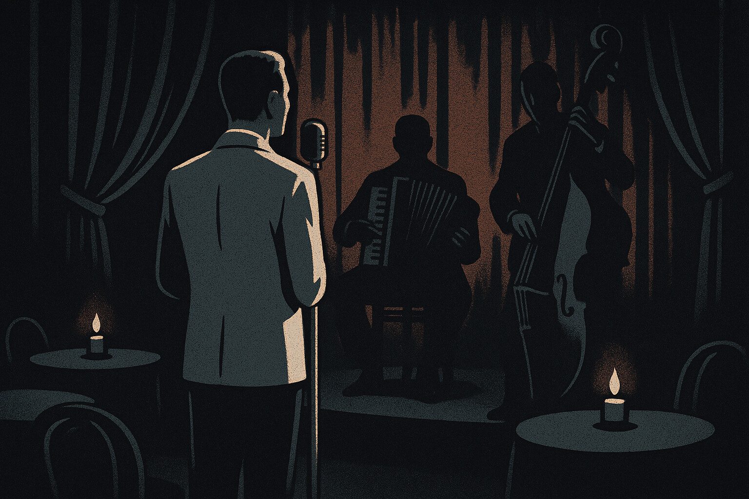 A small cocktail lounge late at night: a crooner in a white tuxedo seen from behind at the microphone, an accordion and an upright bass in the shadows, candlelit tables.
