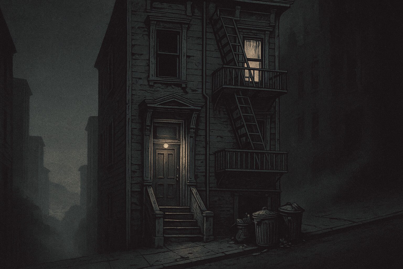 A run-down San Francisco apartment building on a foggy night in 1980: peeling paint, a fire escape, one bare bulb over the door, trash cans at the curb.