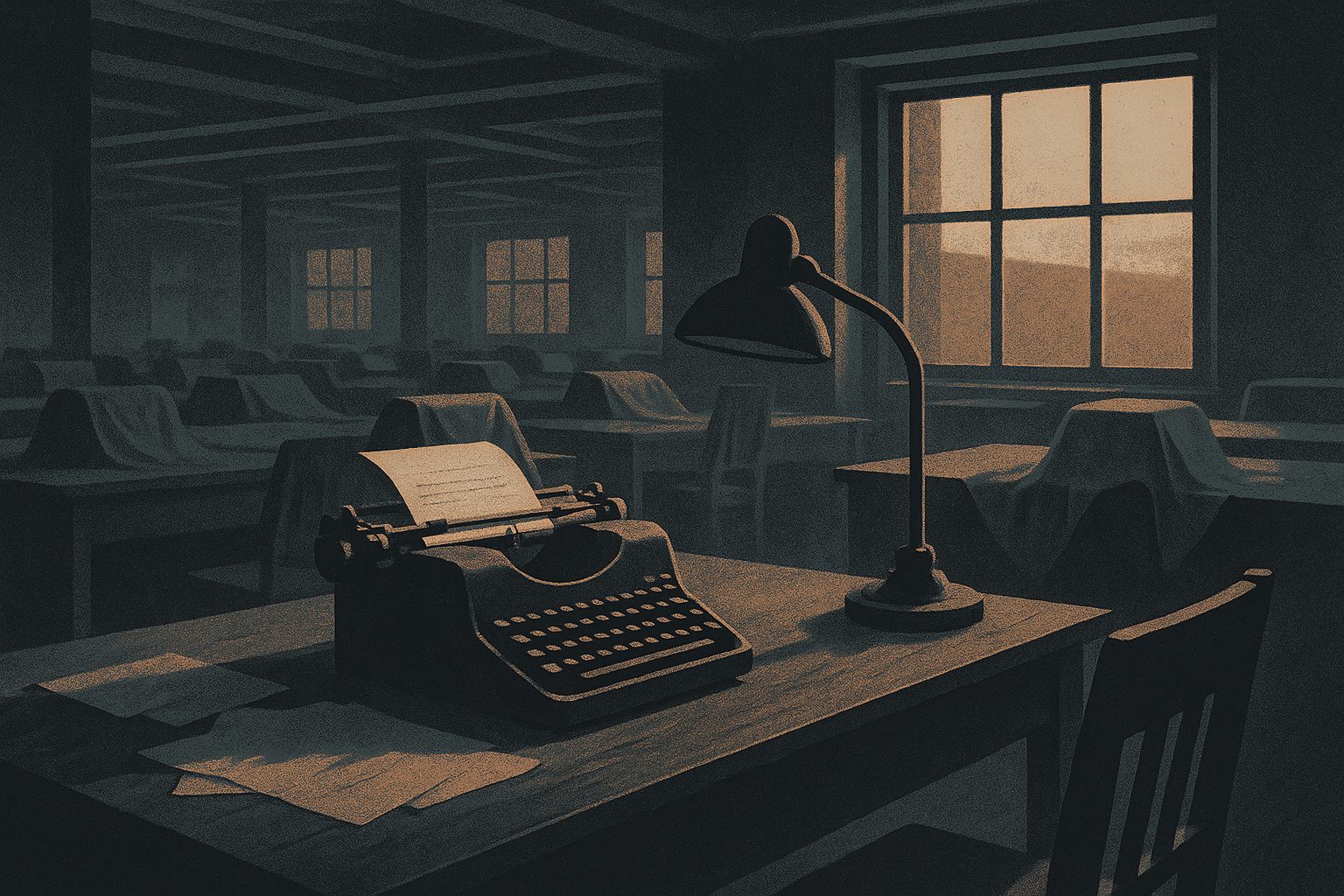 A long-closed newsroom at dusk: a dust-covered typewriter on a bare desk, its lamp dark, an empty chair, rows of desks shrouded in dust sheets receding into the dim, warm fading light through a dusty window.