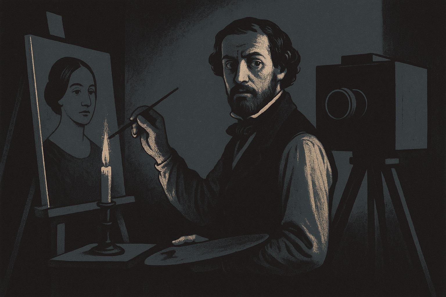 A candlelit 1840s portrait painter at his easel, brush raised over a woman&rsquo;s portrait, an early box camera looming on its tripod beside him.