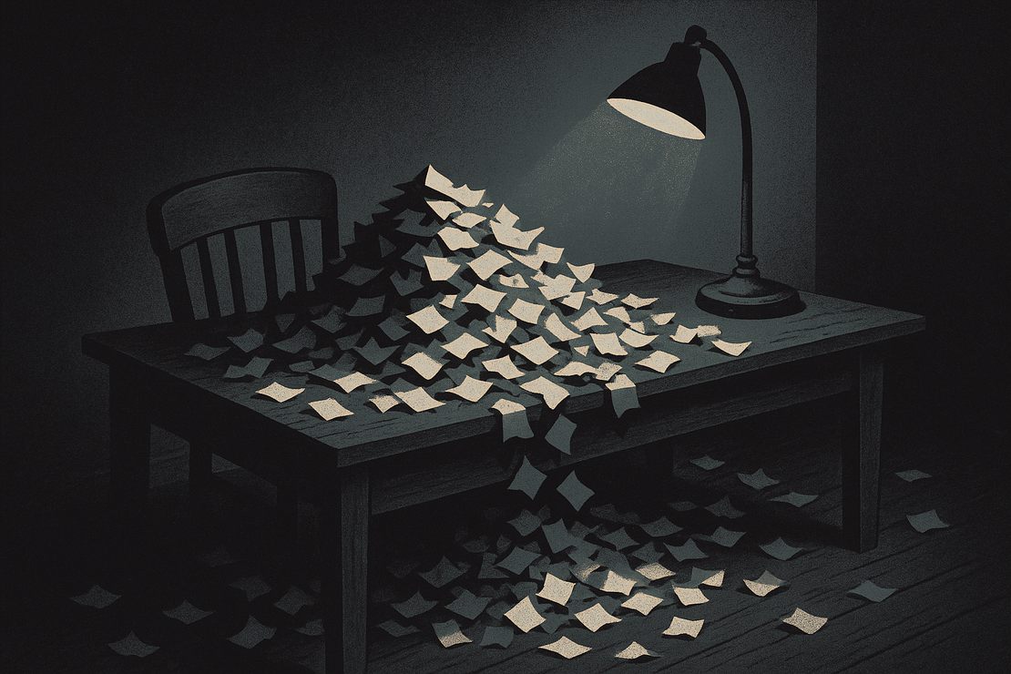 A desk and the floor around it buried under hundreds of scattered paper slips, a lamp burning over the drift and an empty chair pulled up to it.