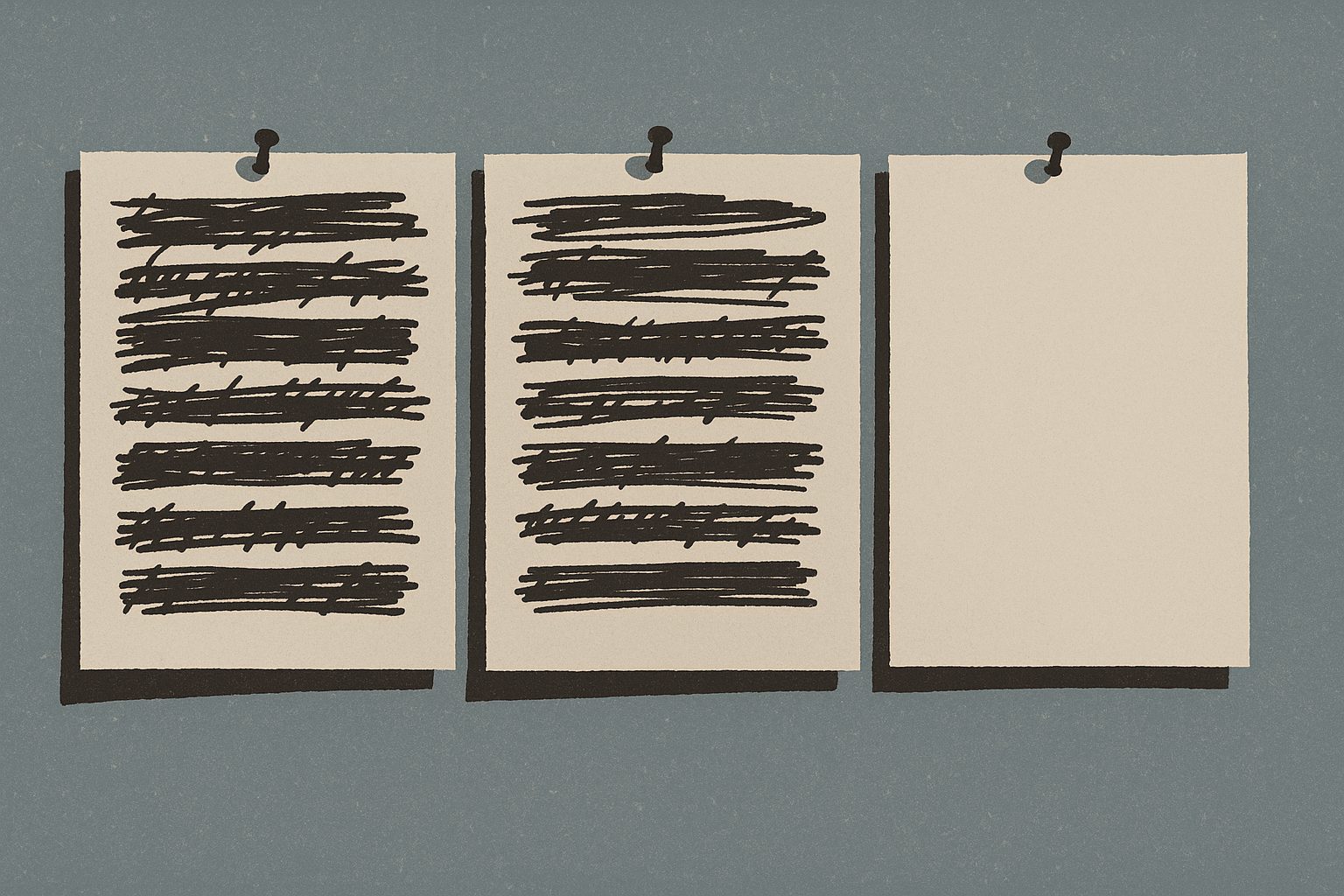 Three sheets of paper pinned in a row on a wall; the first two are covered in heavy hand-inked strike-throughs, the third is clean and unmarked.