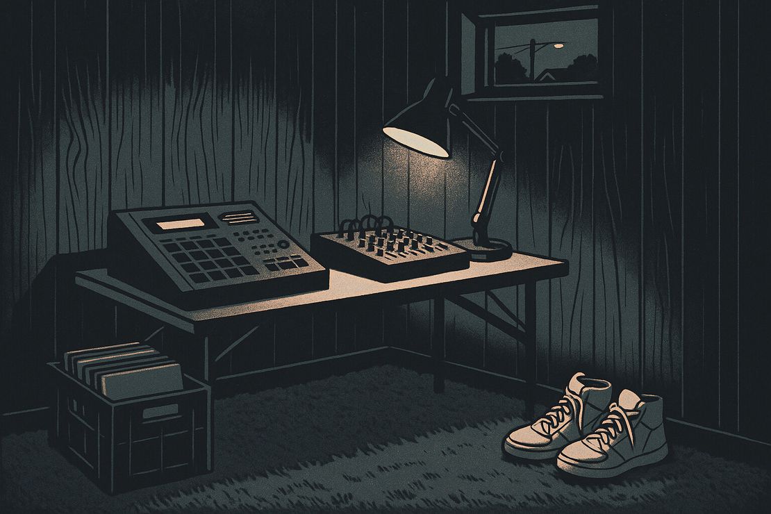 A Long Island basement studio at night in 1988: a sampler and a small mixer on a folding table, a crate of records, white high-tops on the carpet, one lamp.