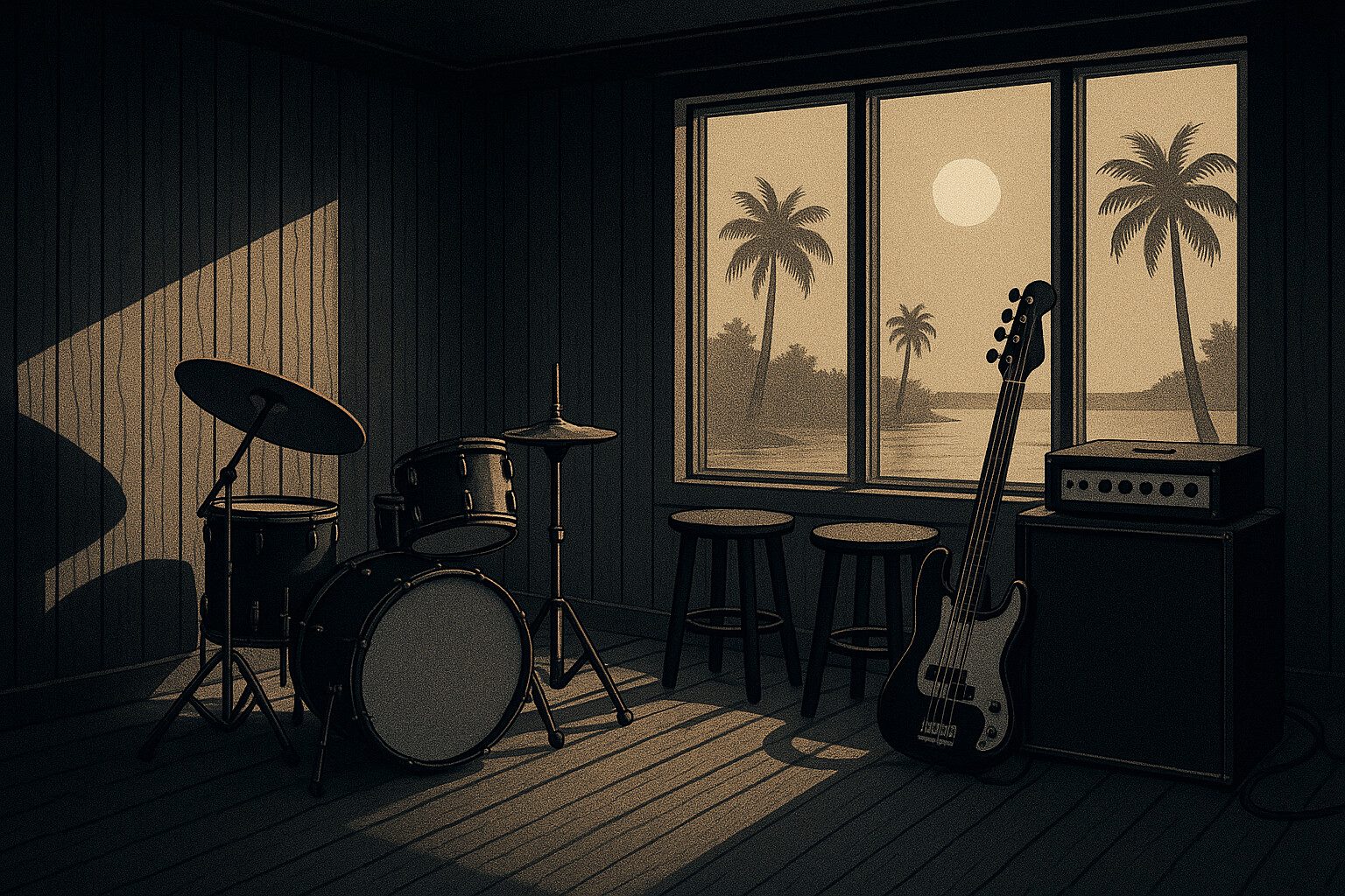 A wood-paneled recording studio in Miami in 1974: a drum kit, a bass leaning on an amp and empty stools, palm trees in the golden light outside.