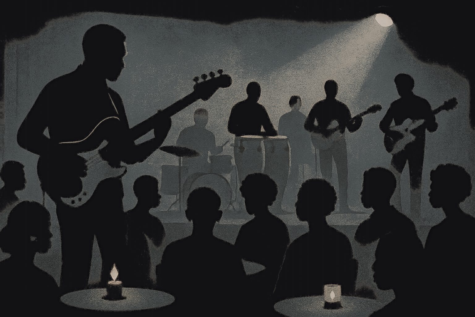 A dim 1972 nightclub seen from the back of the room: a funk band in silhouette on a small stage under one spotlight, a bass player in the foreground, candlelit tables below.