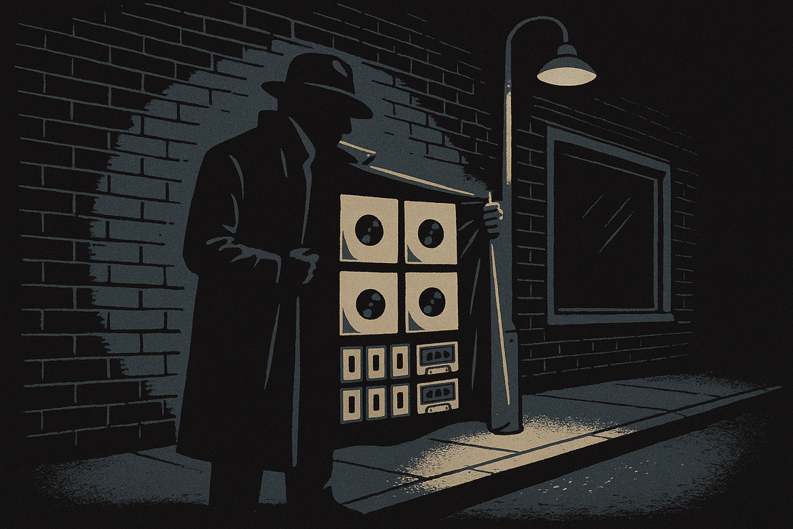 Night on a city sidewalk: a figure seen from behind under a streetlamp holds open a long coat, its lining hung with rows of vinyl records and cassette tapes like a street dealer's stock.
