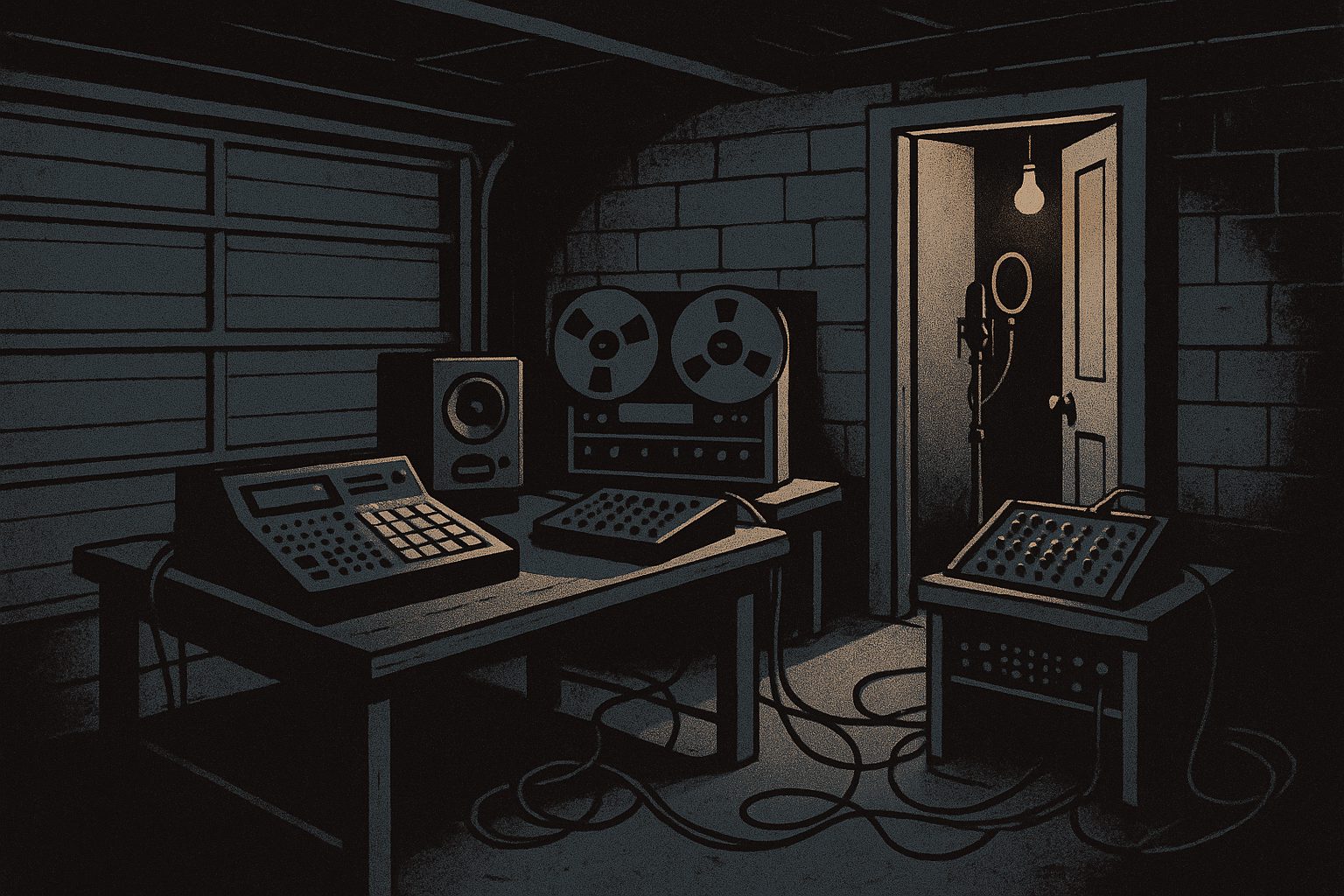 A cramped garage studio at night: a drum machine and sampler on a workbench, a reel-to-reel tape machine, a small mixing board wired to car-stereo speakers, and a closet door ajar with a microphone inside.