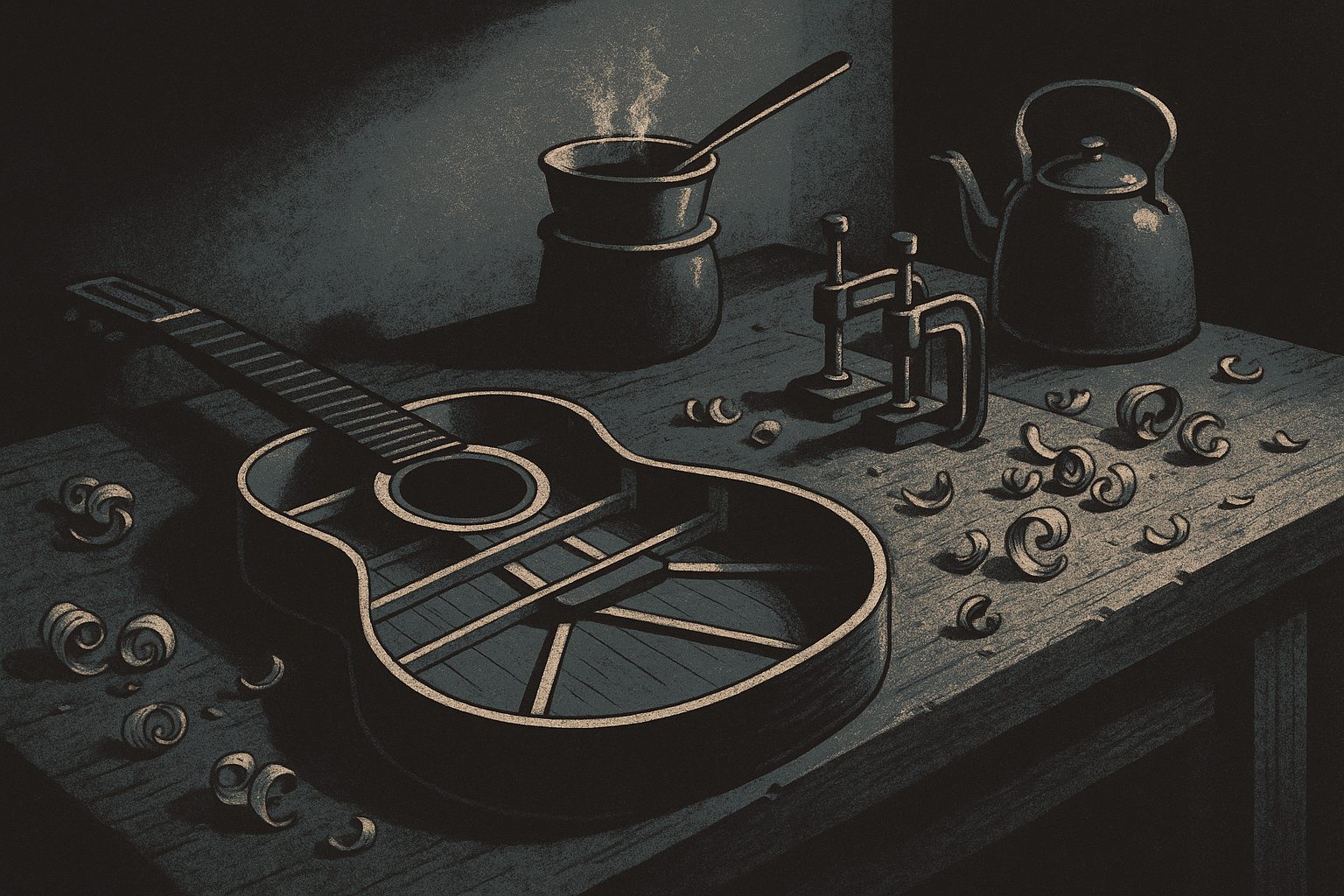 A luthier&rsquo;s workbench: a vintage Martin acoustic guitar with its top removed, hide glue heating in a double boiler, a kettle on a hot plate, clamps and wood shavings.