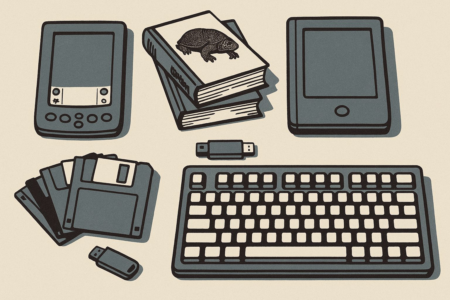 A still life of obsolete-but-once-cutting-edge tech: PalmPilot, dog-eared O&rsquo;Reilly programming books, Apple Newton MessagePad, floppy disks, a SanDisk thumb drive, a Sun keyboard.