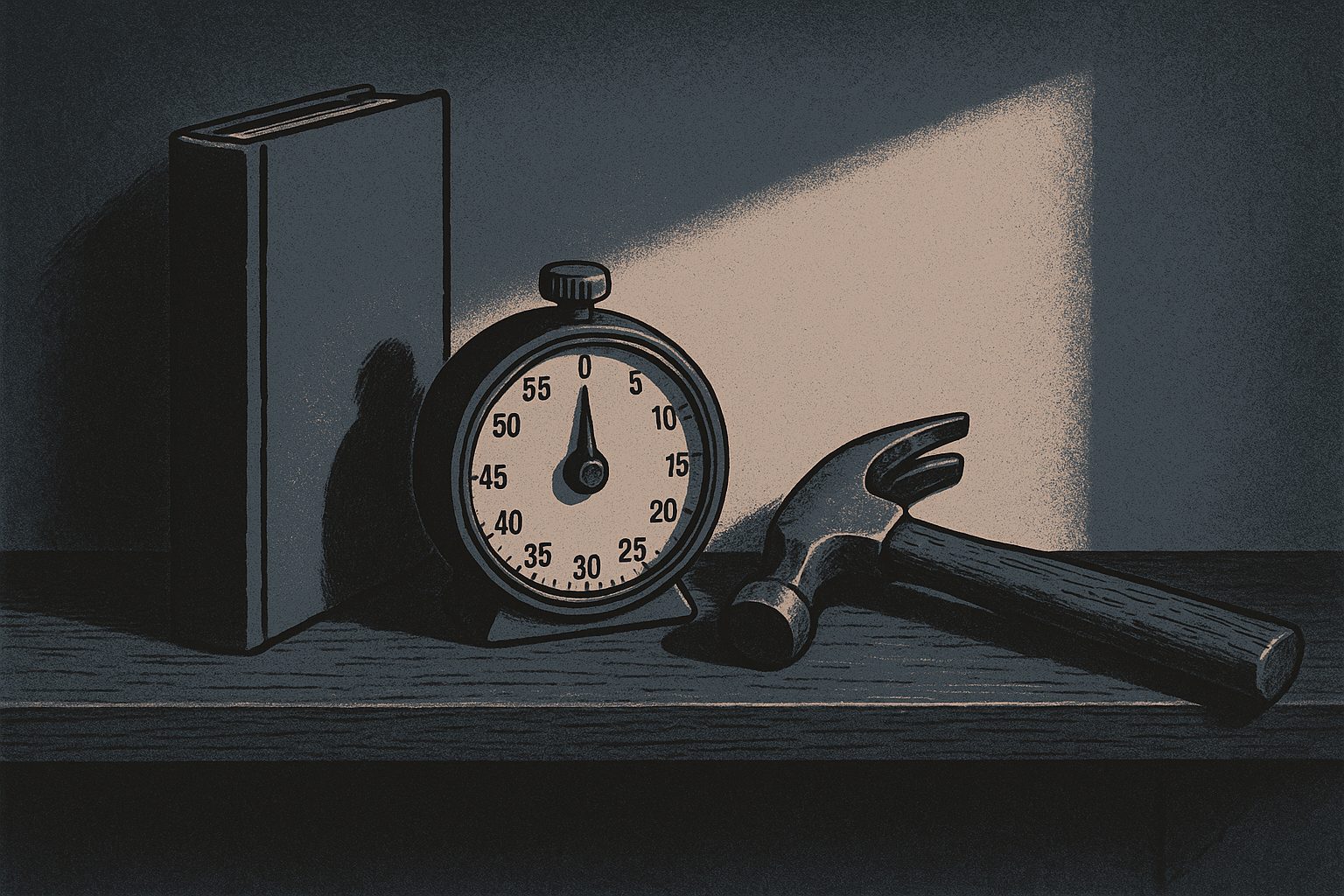 A shelf holding a book, a kitchen timer, and a hammer.