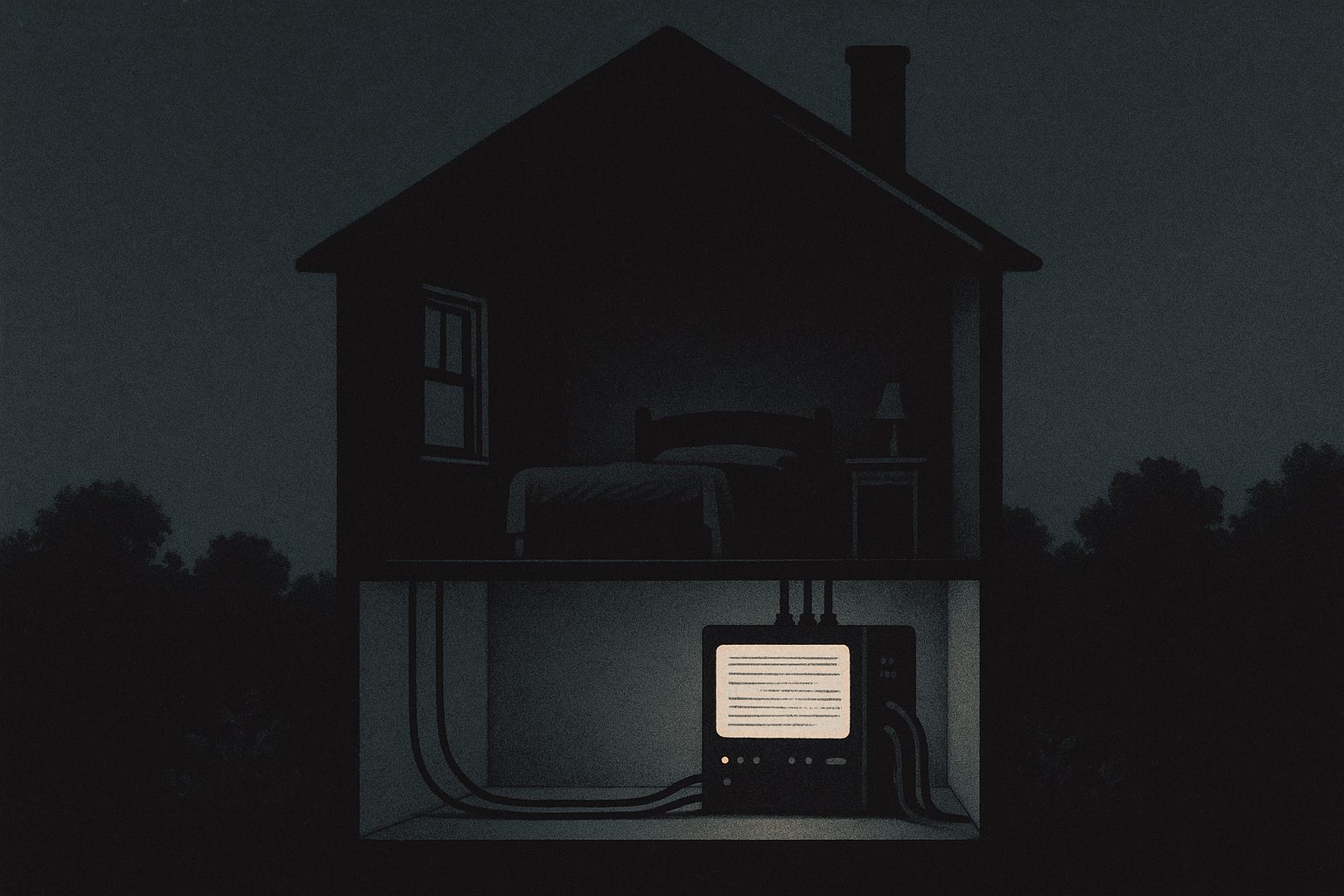 A cutaway house at night: a machine glowing softly in the basement, a dark quiet bedroom above.