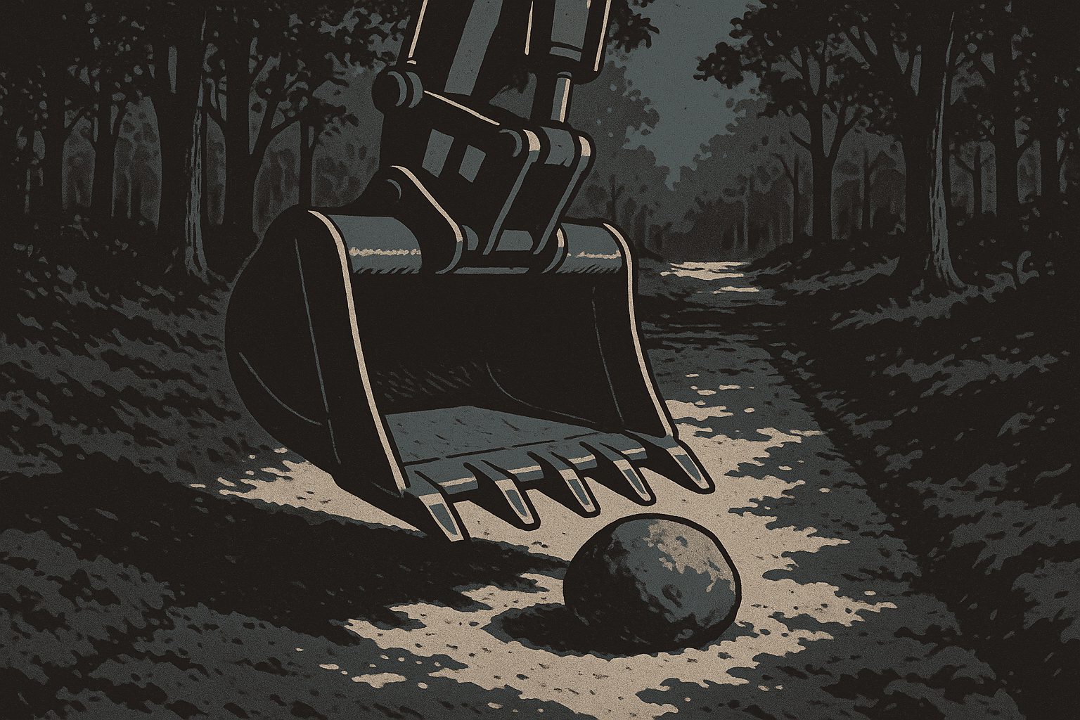 A mini excavator&rsquo;s toothed bucket hanging above a half-cut trail corridor, a single rock sitting at the edge of its span and a fraction of its width.