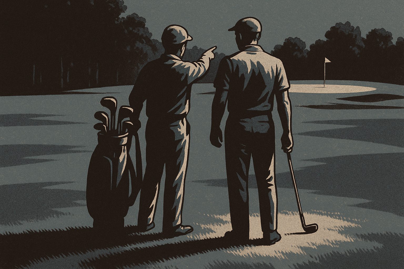 A golfer and a caddie seen from behind, standing shoulder to shoulder in the fairway, the caddie pointing out toward a distant green while the golfer holds an iron at his side.