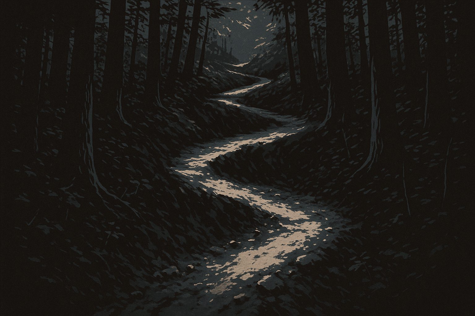 A narrow, rocky hand-dug trail climbing steeply away through dense woods, doubling back on itself at a tight switchback partway up.