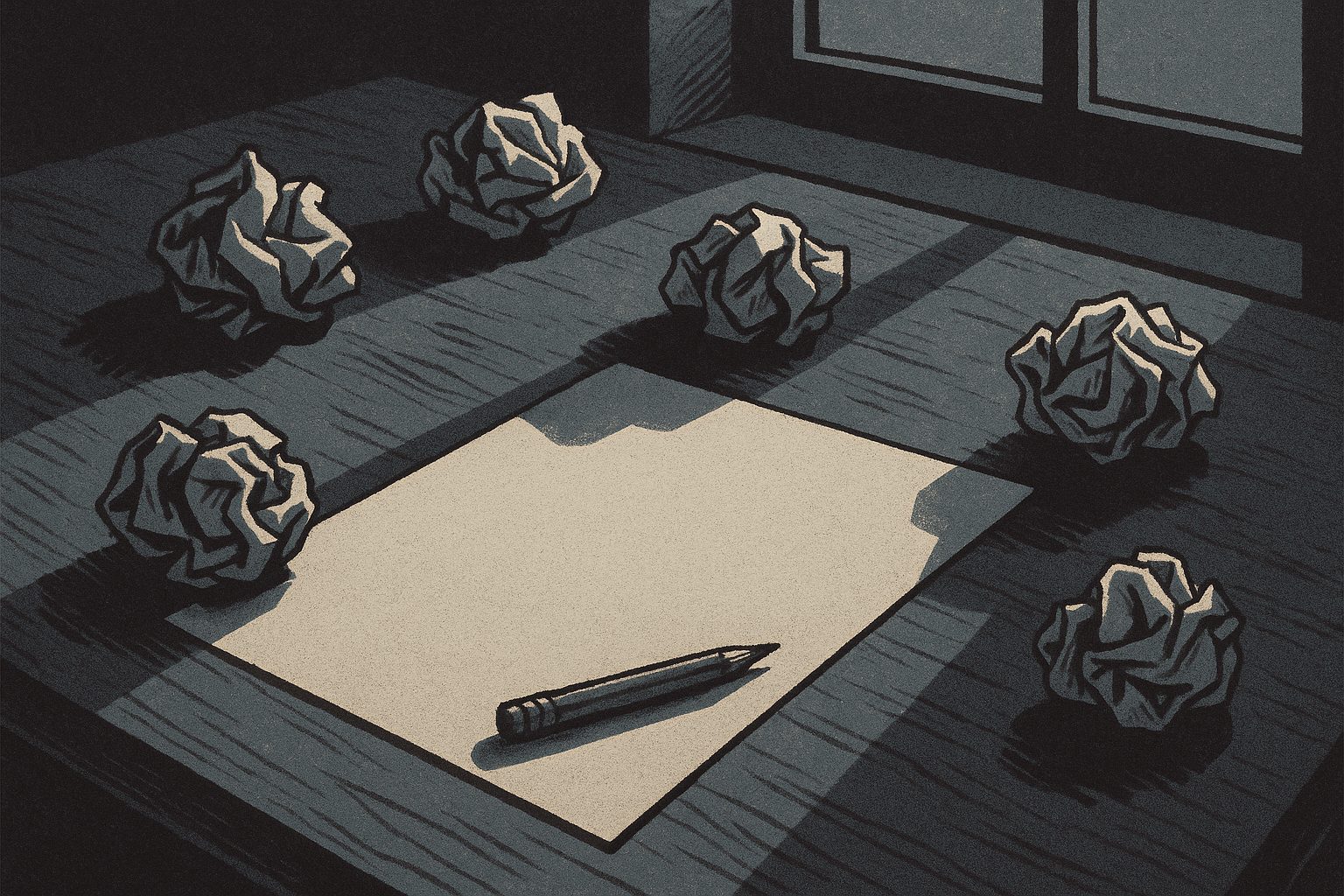 Crumpled balls of paper scattered across a school desk around one clean blank sheet with a well-worn pencil resting on it, lit by a window.