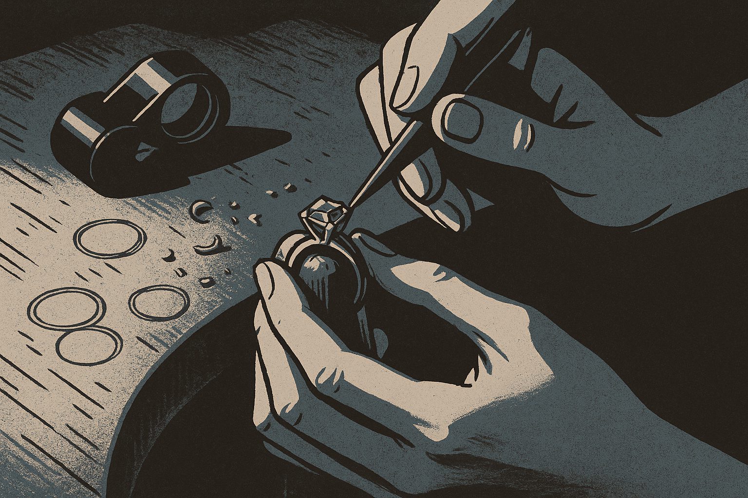 A woman&rsquo;s hands setting a stone into a ring at a jeweler&rsquo;s bench, a loupe and sketched ring outlines nearby.