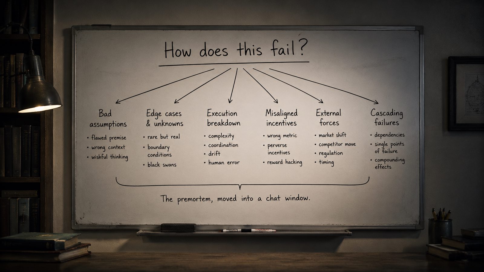A whiteboard headed &lsquo;How does this fail?&rsquo; with arrows branching to failure modes.