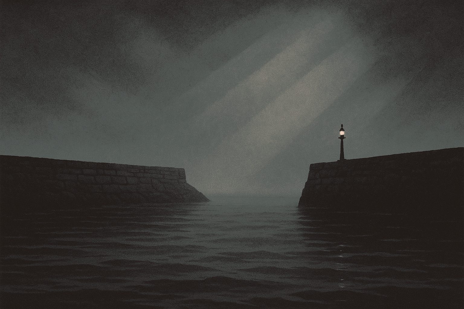 A harbor mouth in heavy fog, two stone breakwater arms reaching toward each other and not quite meeting, the gap lost in the murk, one navigation light burning.