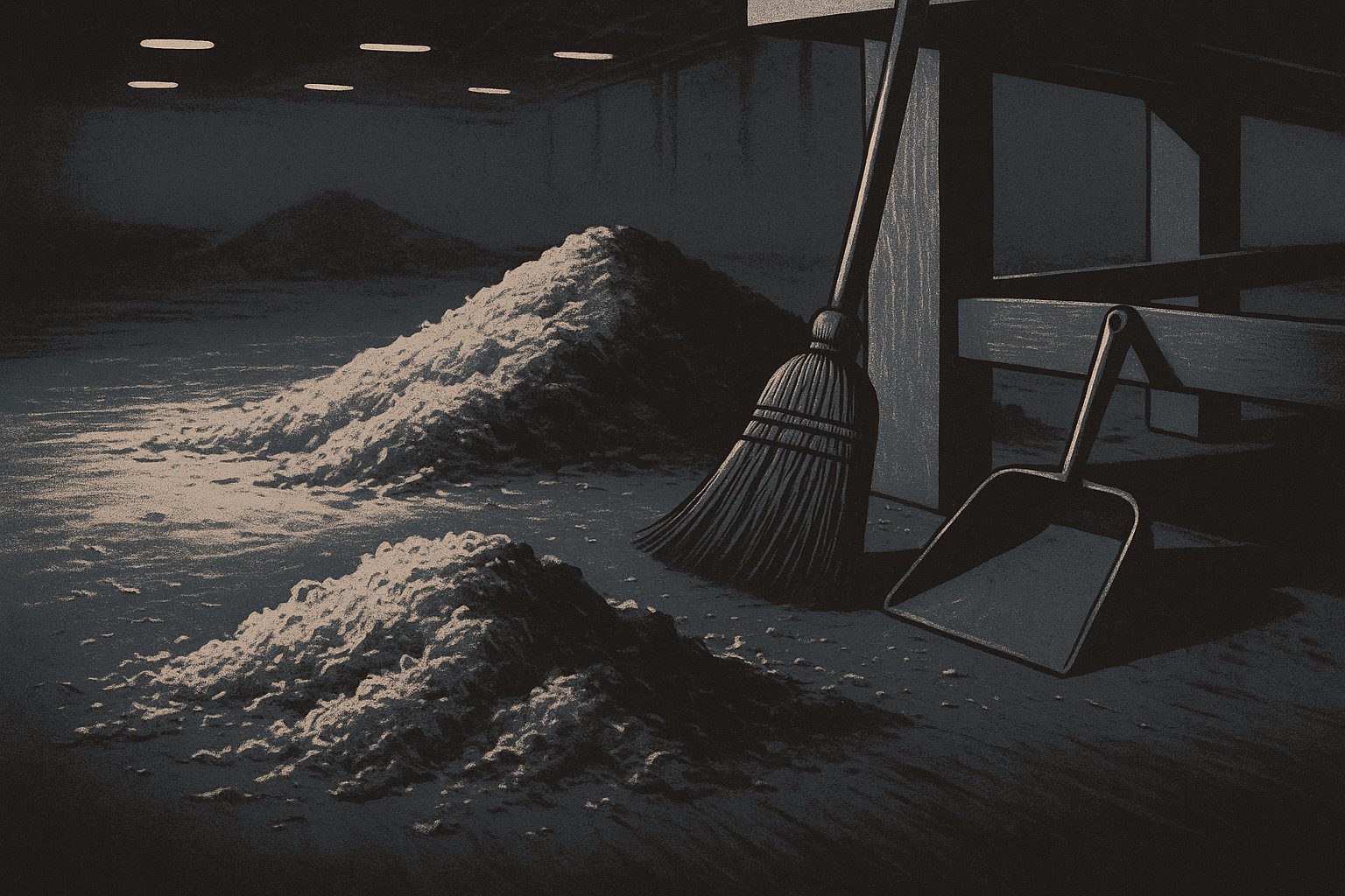 A workshop floor deep in drifts of sawdust, a broom and metal dustpan leaning against a bench leg, the finished work entirely out of frame.