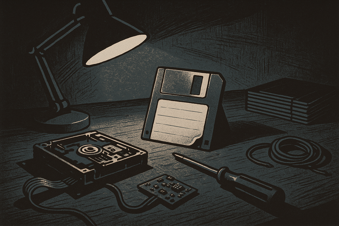 A 3.5-inch floppy disk stood on end under an angled desk lamp, beside a disassembled floppy drive mechanism, a small circuit board, a screwdriver, a coiled cable and a stack of more disks.