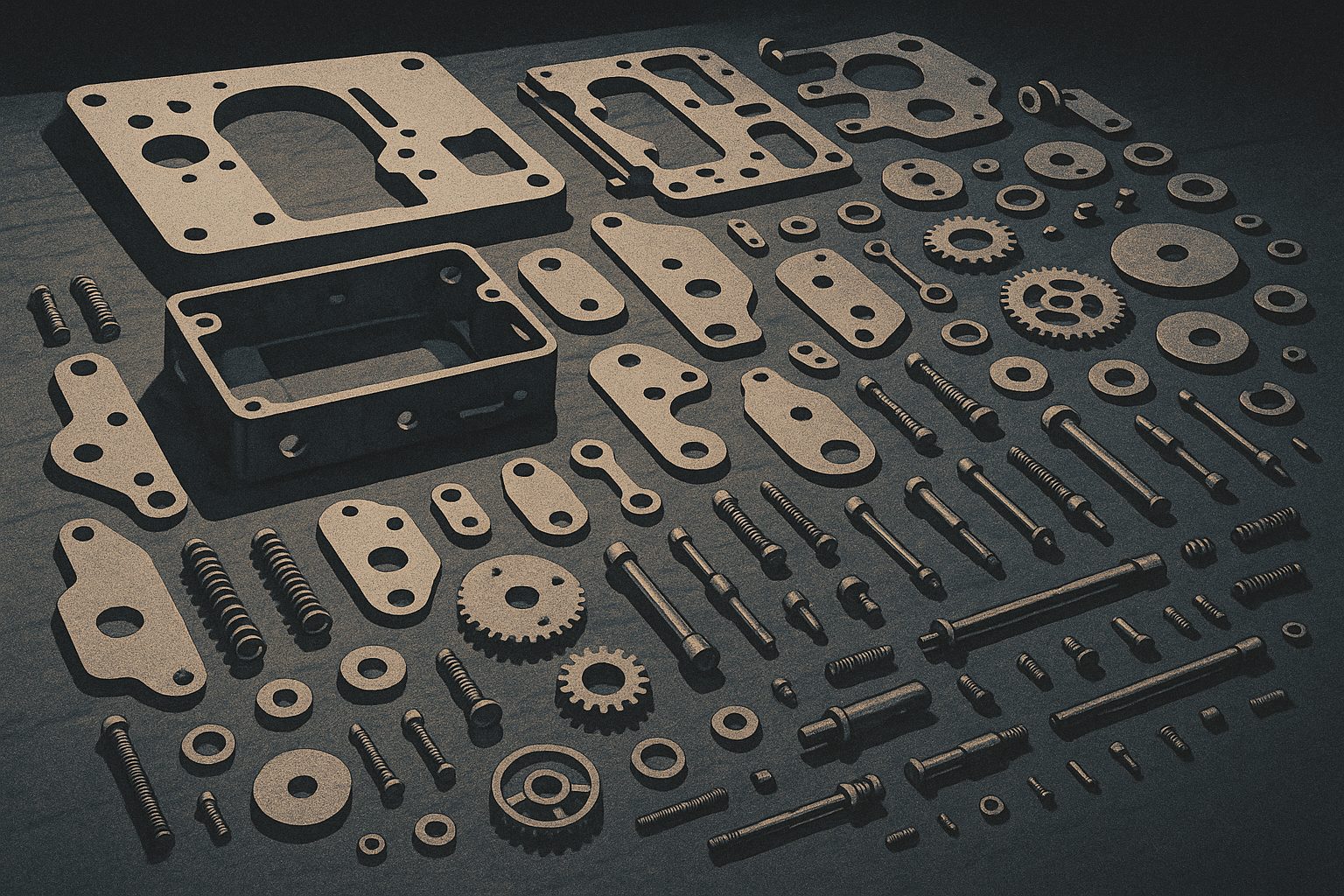 A mechanical device taken completely apart, every component laid out in ordered rows on a workbench — springs, gears, plates, washers, screws — with no manual, diagram or sheet of paper anywhere in the frame.