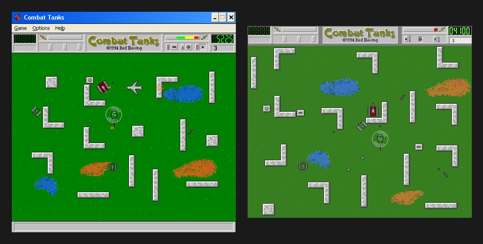 Two Combat Tanks screens side by side. On the left, the original Windows game in its window, with a title bar and Game, Options and Help menus above the toolbar: a bright green battlefield with grey concrete walls, blue ponds, orange mud patches, a red player tank, a white aircraft and a helicopter. On the right, the browser rebuild: the same toolbar, walls, ponds and mud on the same green battlefield, with a red player tank, enemy tanks, soldiers and a helicopter.