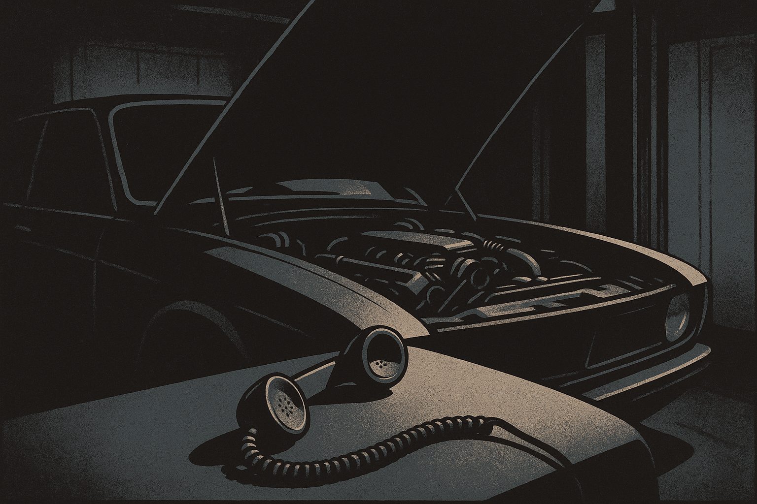 A car with its hood up in a dim garage, a corded telephone handset lying off the hook on the fender.