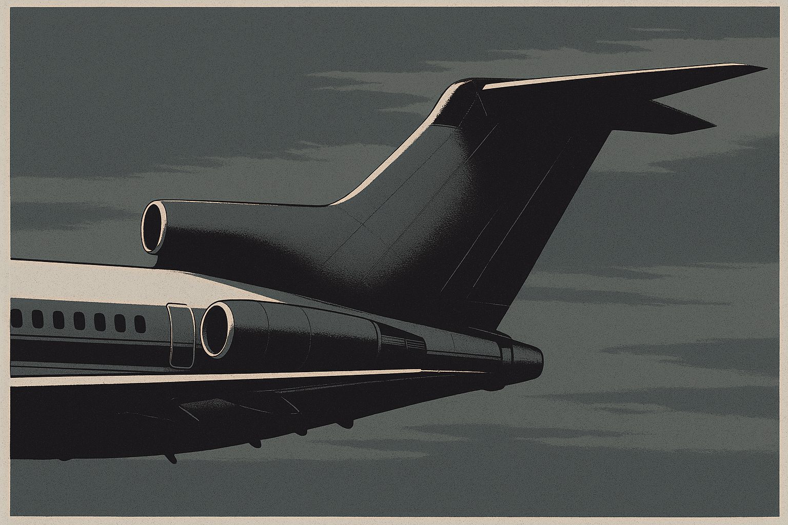The rear and T-tail of a Boeing 727 in side profile, an homage to the Licensed to Ill album cover.