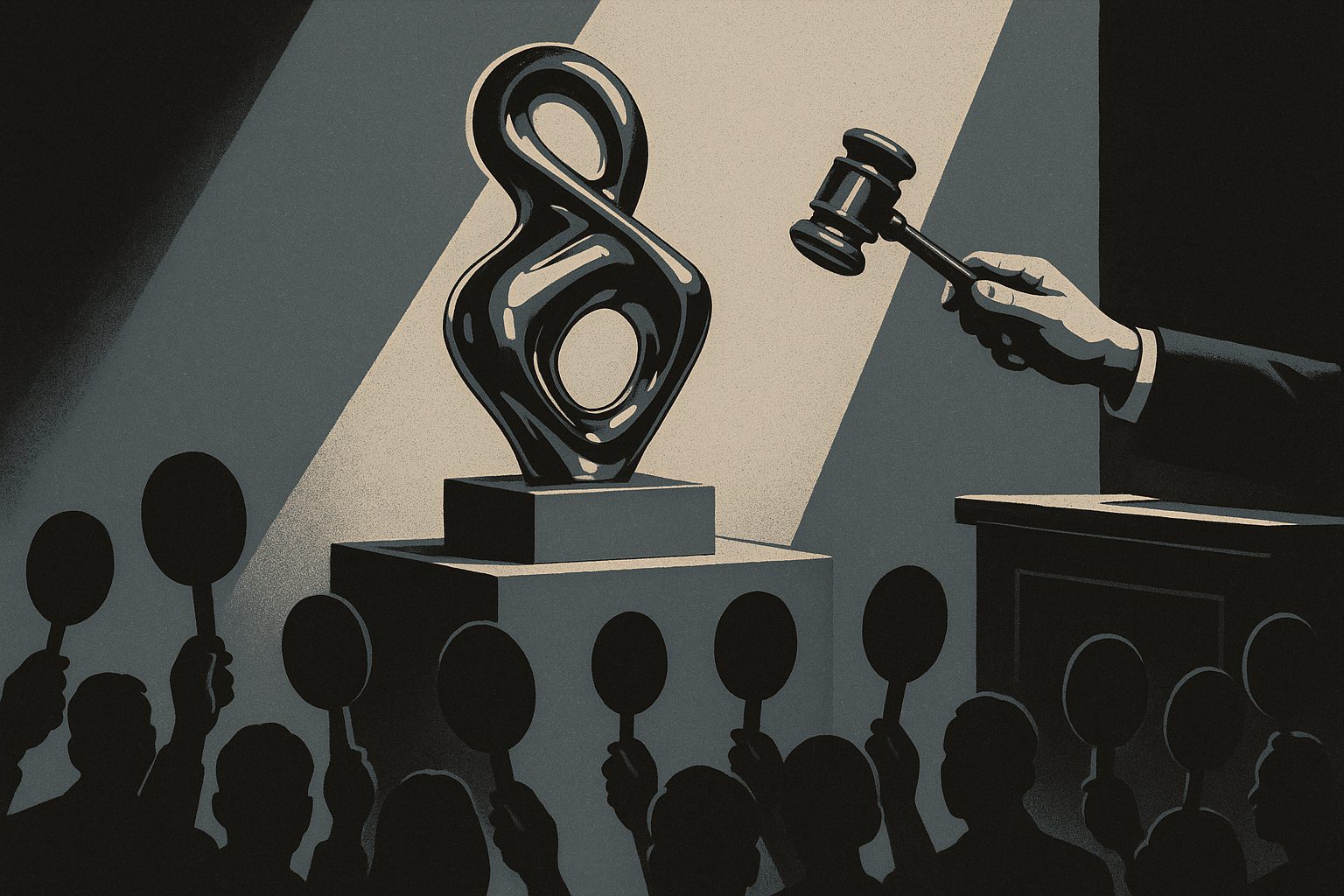 An auction house under a hard spotlight: a gleaming chrome sculpture on the block, an auctioneer&rsquo;s gavel mid-swing, a crowd of faceless bidders raising paddles.